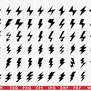 May include: A collection of black lightning bolt graphics in various designs. The bolts are arranged in rows and columns against a white background with a wavy pattern. The image includes the text "SVG PNG EPS JPG DXF PDF".