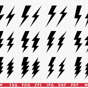 May include: A collection of black lightning bolt graphics arranged in rows on a white background. The image includes various file format labels at the bottom, such as SVG, PNG, EPS, JPG, DXF, and PDF.