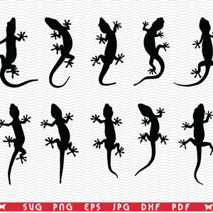 Op de afbeelding: Een verzameling van tien zwarte hagedissilhouetten in verschillende poses. De hagedissen worden afgebeeld met gedetailleerde poten, staarten en lichamen. De afbeelding bevat de tekst "SVG PNG EPS JPG DXF PDF" in het rood onderaan.