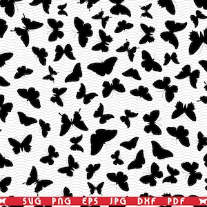 Papillons SVG, modèle sans couture, silhouettes noires sur blanc, clipart numérique, fichiers eps, jpg, téléchargement immédiat svg, png, dxf pour Cricut
