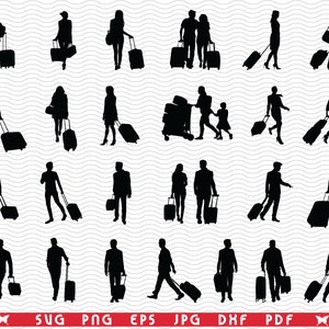 SVG, valises de voyageurs, silhouettes noires, clipart numérique, fichiers eps, jpg, vecteur de voyageurs, téléchargement immédiat svg, png, dxf pour Cricut