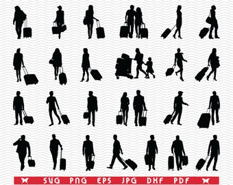 SVG, Travelers Suitcases, Black silhouettes, Digital clipart, Files eps, jpg, Travelers vector, Instant download svg, png, dxf for Cricut