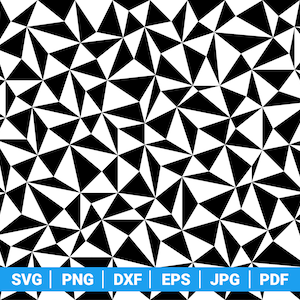 May include: Black and white geometric pattern featuring a repeating design of triangles. The triangles are arranged in a mosaic-like fashion, creating a visually dynamic and abstract design. The image includes file type options: SVG, PNG, DXF, EPS, JPG, and PDF.