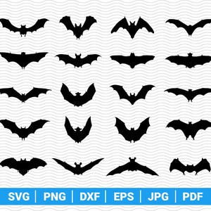 May include: A collection of black bat silhouettes in various poses, perfect for Halloween or spooky-themed projects. The bats are arranged against a white background with a subtle wavy pattern. The image includes file type icons: SVG, PNG, DXF, EPS, JPG, and PDF.