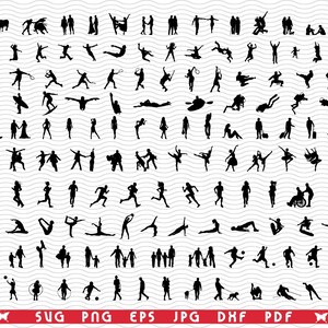 Peut inclure: Une collection de silhouettes noires représentant diverses activités et poses. L'image comprend des personnes courant, dansant, pratiquant des sports et s'adonnant à des loisirs. Le bas de l'image contient le texte "SVG PNG EPS JPG DXF PDF".