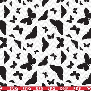 SVG Butterflies , Seamless pattern, Black Silhouettes on white, Digital clipart, Files eps, jpg, Instant download svg, png, dxf for Cricut