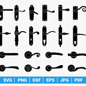 May include: A collection of black door handle silhouettes in various styles. The image includes handles with different shapes, including straight, curved, and ornate designs. The bottom of the image has the text "SVG | PNG | DXF | EPS | JPG | PDF".