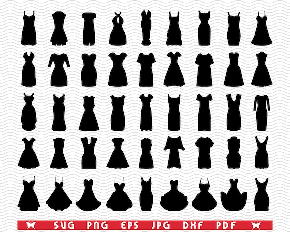 SVG Women's Dresses, Black Silhouettes, Digital Clipart, Files Eps