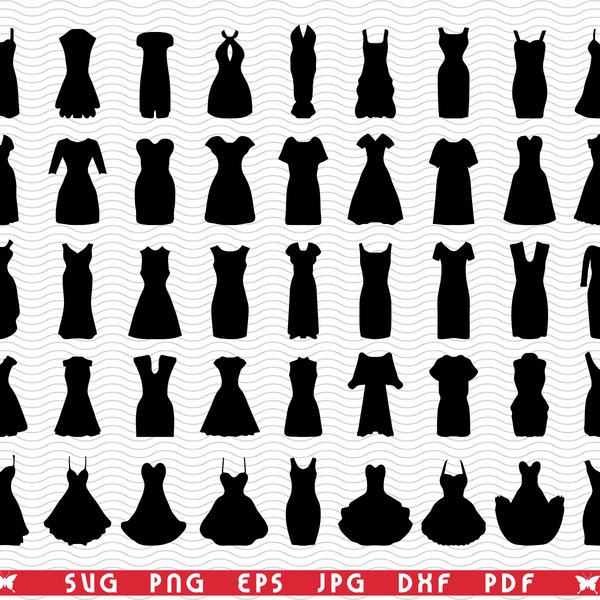 SVG Vestidos de mujer, Siluetas negras, Clipart digital, Archivos eps, jpg, Vector de diseño de vestidos, Descarga instantánea svg, png, dxf para Cricut