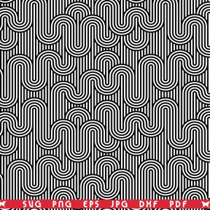 May include: A monochrome geometric pattern with a repeating design of curved, rounded shapes and vertical stripes. The pattern is a seamless design, suitable for various applications. The image also includes file type icons: SVG, PNG, EPS, JPG, DXF, and PDF.