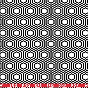 May include: Black and white geometric pattern featuring a repeating honeycomb design. The pattern consists of nested hexagons, creating a visually striking and symmetrical design. The image includes file type indicators: SVG, PNG, EPS, JPG, DXF, and PDF.