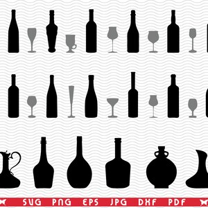 SVG Glasses and Bottles, Black silhouette, Digital clipart, Files eps, jpg, Design vector, Instant download svg, png, dxf for Cricut