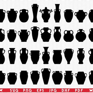 Puede incluir: Una colección de imágenes de siluetas negras de varios jarrones y urnas antiguas. Los diseños incluyen diferentes formas, tamaños y estilos de asas, adecuados para proyectos de arte digital. La parte inferior de la imagen incluye opciones de tipo de archivo: SVG, PNG, EPS, JPG, DXF y PDF.