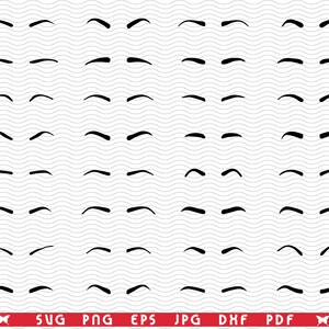 Puede incluir: Una colección de formas de cejas negras en varios estilos, dispuestas en filas y columnas sobre un fondo gris claro ondulado. La parte inferior de la imagen presenta texto rojo con abreviaturas de formatos de archivo: SVG, PNG, EPS, JPG, DXF y PDF.