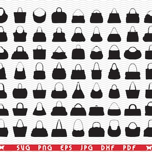 May include: A collection of black handbag silhouettes in various shapes and styles. The image features a grid of handbags, including tote bags, satchels, and shoulder bags. The bottom of the image has the file type options: SVG, PNG, EPS, JPG, DXF, and PDF.