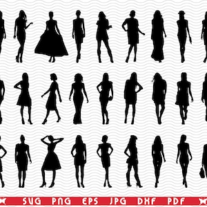SVG Fashion Girls, Black Silhouette, Digital clipart, Files eps, jpg, Girls Design vector, Instant download svg, png, dxf for Cricut