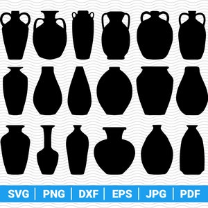 May include: A collection of black vase silhouettes in various shapes and sizes. The image features a variety of designs, including vases with handles, narrow necks, and rounded bodies. The bottom of the image has a blue bar with file type abbreviations.
