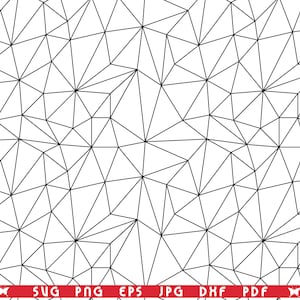 May include: A seamless geometric pattern composed of black lines forming interconnected triangles against a white background. The design creates a mosaic effect, suitable for digital art or graphic design projects. The bottom of the image contains the text "SVG PNG EPS JPG DXF PDF".