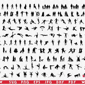 Peut inclure: Une collection de silhouettes noires représentant diverses activités et poses. Les figures incluent des personnes marchant, courant, pratiquant des sports et effectuant des mouvements artistiques. L'image est adaptée aux projets de design graphique.