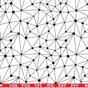 May include: A monochrome geometric design composed of black lines and circles forming a network of triangles and polygons. The image includes file type formats: SVG, PNG, EPS, JPG, DXF, and PDF along the bottom edge.