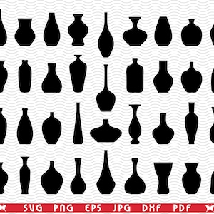 May include: A collection of black vase silhouettes in various shapes and sizes. The vases range from tall and slender to short and wide, with diverse neck and body designs. The image includes the text "SVG PNG EPS JPG DXF PDF".