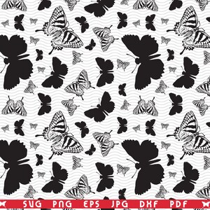 SVG Butterflies , Seamless pattern, Black Silhouettes on white, Digital clipart, Files eps, jpg, Instant download svg, png, dxf for Cricut