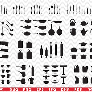May include: A collection of black silhouette kitchen tools and utensils. Includes various spoons, forks, knives, ladles, pans, kettles, teapots, cutting boards, rolling pins, pots, cups, coffee pots, serving dishes, and containers. The bottom of the image has the text "SVG PNG EPS JPG DXF PDF".