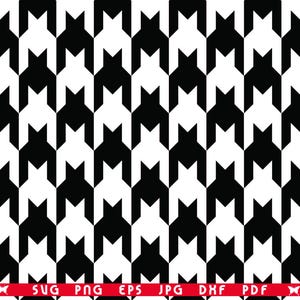 May include: A repeating pattern of black and white houndstooth design. The pattern consists of a series of stylized, four-pointed shapes, alternating in black and white. The design is a classic textile pattern, often used in fashion and home decor.