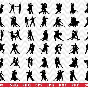 Peut inclure: Une collection d'images de silhouettes noires de couples dansant. Les poses varient, représentant différents styles et mouvements de danse. Le fond est un motif ondulé blanc. Le bas de l'image comporte des icônes de type de fichier : SVG, PNG, EPS, JPG, DXF et PDF.