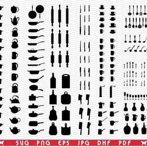 Könnte beinhalten: Schwarze Silhouette-Illustrationen von Küchenutensilien und Kochgeschirr, darunter Töpfe, Pfannen, Nudelrollen, Schneidebretter, Messer, Gabeln, Löffel, Tassen und Gläser. Der Text am unteren Rand: SVG, PNG, EPS, JPG, DXF, PDF.