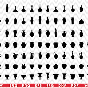May include: A collection of black silhouette images of various vases, pitchers, and bowls. The designs range from simple to ornate, with different shapes and sizes. The image includes file type options: SVG, PNG, EPS, JPG, DXF, and PDF.