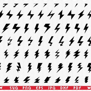 May include: A collection of black lightning bolt graphics in various shapes and sizes, arranged in rows and columns on a white background with a wavy pattern. The image includes the text "SVG PNG EPS JPG DXF PDF".