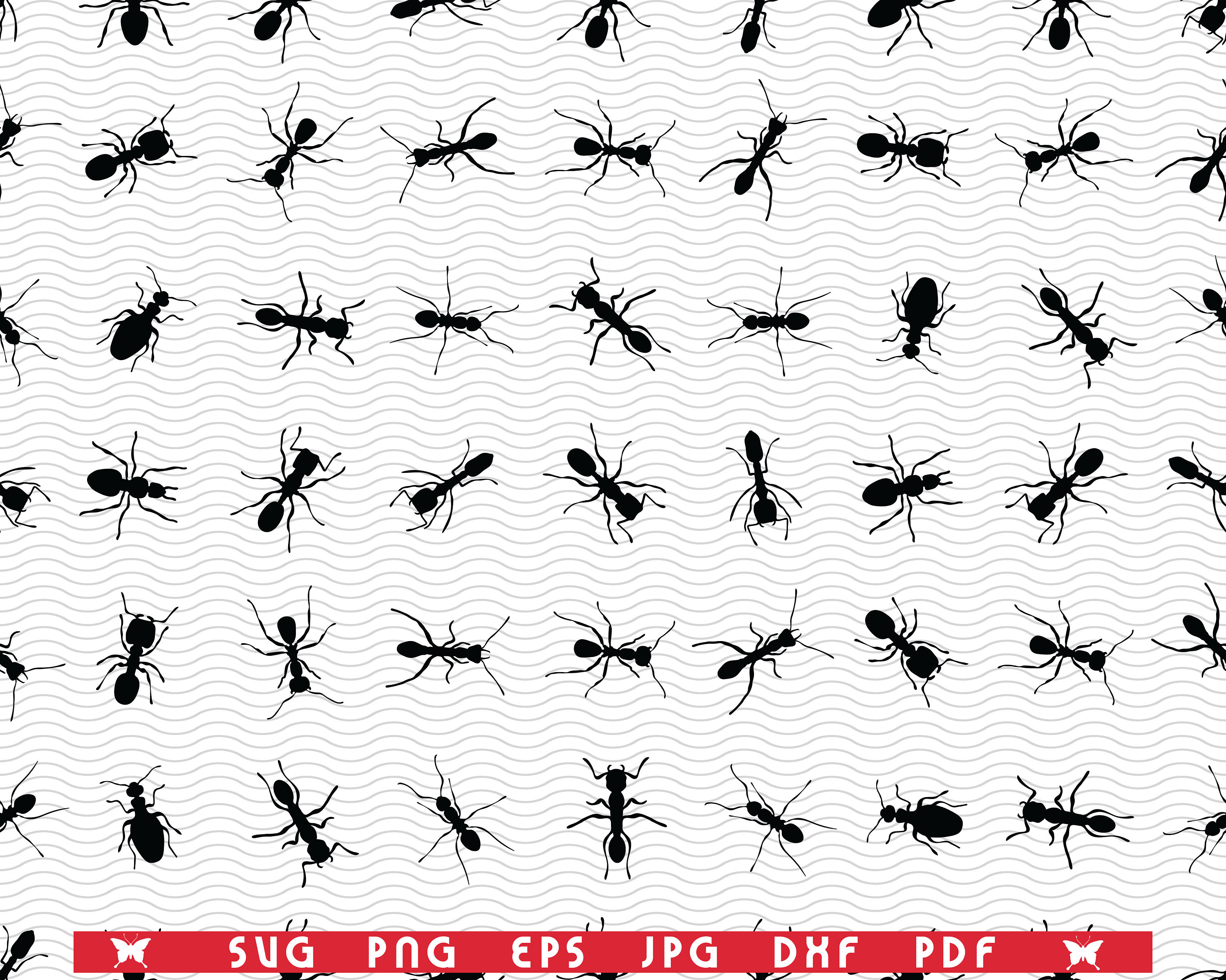 SVG Ants, Black Silhouettes, Seamless Wallpaper, Digital Clipart, Ants