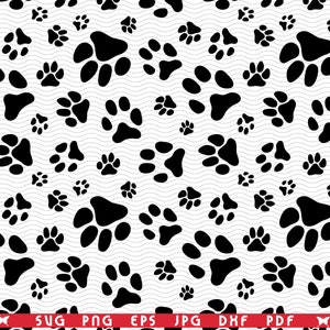 May include: A repeating pattern of black paw prints on a white background with subtle wavy lines. The paw prints vary in size and are evenly distributed across the surface. The design is suitable for pet-themed products.
