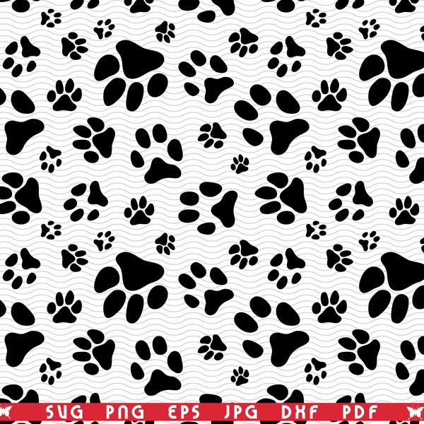 SVG Dog Paw Footprint, Seamless pattern digital clipart, Files eps, jpg, design vector, Instant download svg, png, dxf for Cricut