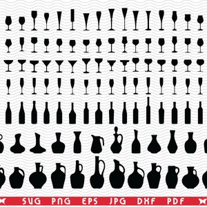 SVG-wijnglazen, flessen, kruiken, silhouet, digitale clipart, bestanden eps, jpg, ontwerp vector, Instant download svg, png, dxf voor Cricut
