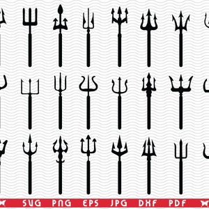 May include: A collection of black trident designs in various styles. The tridents have long handles and three or more prongs. The image includes the file type formats: SVG, PNG, EPS, JPG, DXF, and PDF.