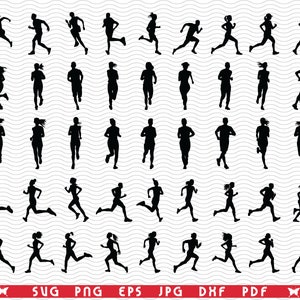 Może przedstawiać: Czarno-biała grafika przedstawiająca sylwetki biegaczy w różnych pozach. Biegacze są przedstawieni w ruchu, z wyciągniętymi ramionami i nogami. Obraz zawiera opcje typu pliku: SVG, PNG, EPS, JPG, DXF i PDF.