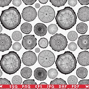 May include: A repeating pattern of black and white tree rings on a wavy white background. The tree rings vary in size and are arranged in a random pattern. The image has a rustic, natural feel.