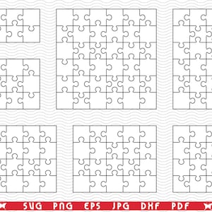 Op de afbeelding: Een verzameling witte contouren van legpuzzels in verschillende formaten en opstellingen. De puzzels variëren van kleine sets van 4 stukjes tot grotere puzzels van 30 stukjes. De onderkant van de afbeelding toont bestandsformaatopties: SVG, PNG, EPS, JPG, DXF en PDF.
