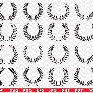 May include: A collection of sixteen black laurel wreath designs. Each wreath is composed of stylized leaves, arranged in a circular or semi-circular shape. The image includes file type labels: SVG, PNG, EPS, JPG, DXF, and PDF.