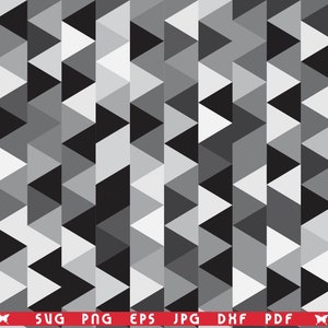 Könnte beinhalten: Ein sich wiederholendes Muster aus grauen, schwarzen und weißen Dreiecken in verschiedenen Grautönen. Die Dreiecke sind in vertikalen Spalten angeordnet und bilden ein geometrisches Design. Am unteren Rand befindet sich ein rotes Banner mit Dateityp-Abkürzungen.