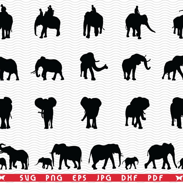 SVG Elephants, Black silhouettes digital clipart, Files eps, jpg, Elephants Design vector, Instant download svg, png, dxf for Cricut