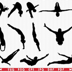SVG Jumping into water, Black Silhouettes digital clipart, Files eps, jpg, Jumping design vector, Instant download svg, png, dxf for Cricut