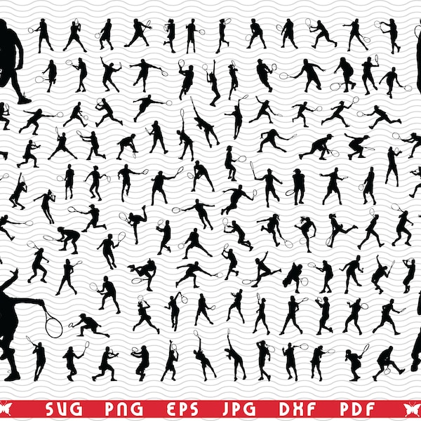 SVG Tennis Players, Black Silhouettes, Digital clipart, Files eps, jpg, Tennis Design vector, Instant download  svg, png, dxf  for Cricut