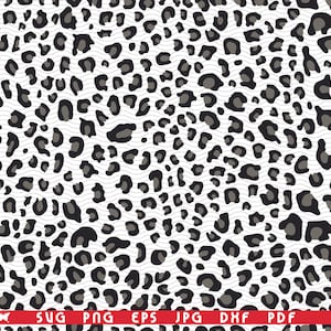 May include: A seamless pattern featuring a leopard print design in black and gray spots on a white background. The design includes wavy lines throughout the pattern. The bottom of the image includes the text "SVG PNG EPS JPG DXF PDF" in a red banner.