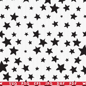 May include: A repeating pattern of black stars on a white background with wavy lines. The stars are of different sizes. File type icons are at the bottom: SVG, PNG, EPS, JPG, DXF, and PDF.