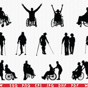 Könnte beinhalten: Eine Sammlung schwarzer Silhouette-Grafiken, die Menschen mit Behinderungen darstellen. Die Bilder zeigen Personen im Rollstuhl, mit Krücken und Gehstöcken sowie Personen, die anderen helfen. Am unteren Rand stehen die Dateitypen: SVG, PNG, EPS, JPG, DX, und PDF.