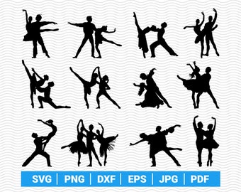 SVG Ballet Couples, Black Silhouettes, Digital clipart, Files eps, jpg, Ballerinas design vector, Instant download svg, png, dxf for Cricut