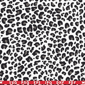 May include: A seamless pattern featuring a leopard print design in black and gray spots on a white background. The pattern includes wavy lines throughout the design. The bottom of the image includes the file types: SVG, PNG, EPS, JPG, DXF, and PDF.